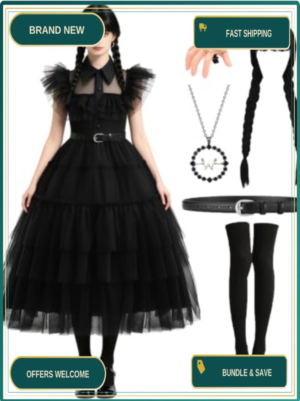 6pc Adult Halloween Costume Set Long Black Dress Wig Accessories